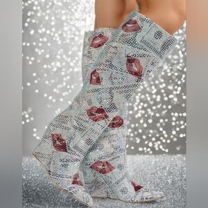 Crystal-Embellished Silver and Red Women's Boots